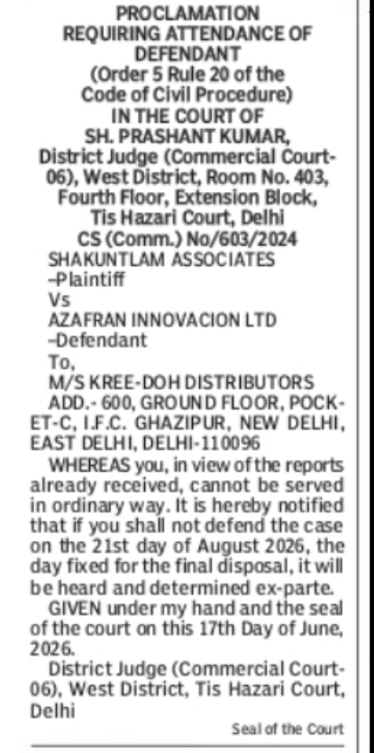 Court Proclamation – Shakuntlam Associates vs Azafran Innovacion Ltd (Delhi)