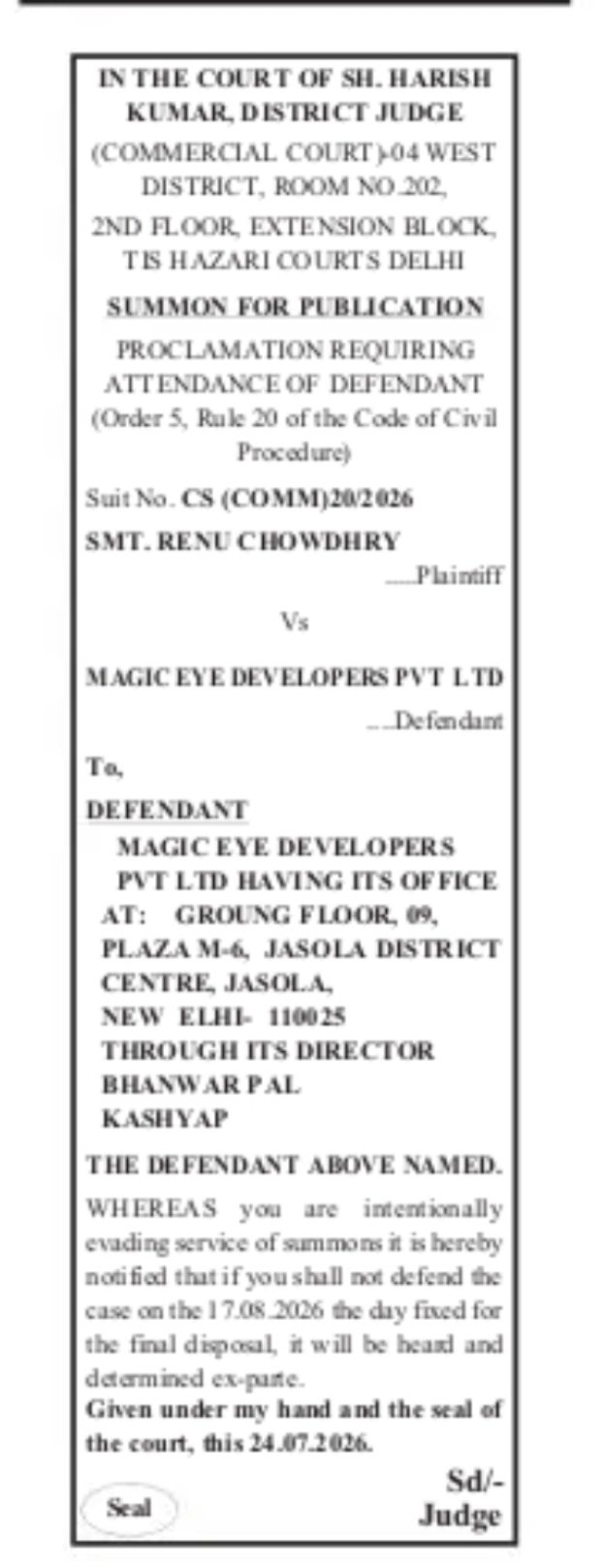 Court Summons for Publication – Magic Eye Developers Pvt. Ltd.