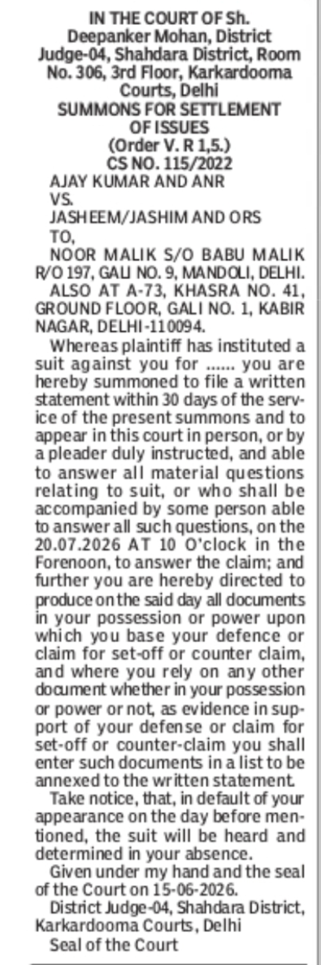 Court Summons Notice (Civil Suit)