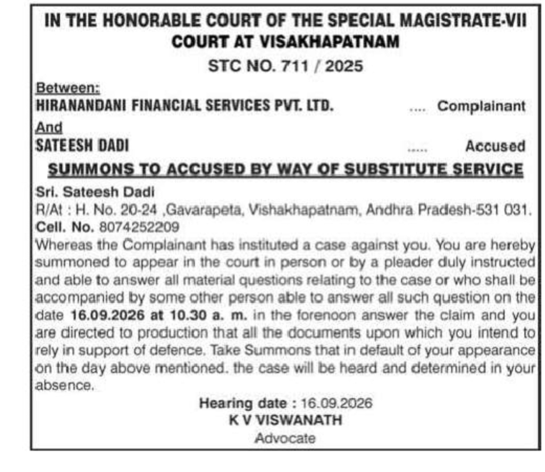 Court Summons Notice – Hiranandani Financial Services Pvt. Ltd. vs Sateesh Dadi (Visakhapatnam)