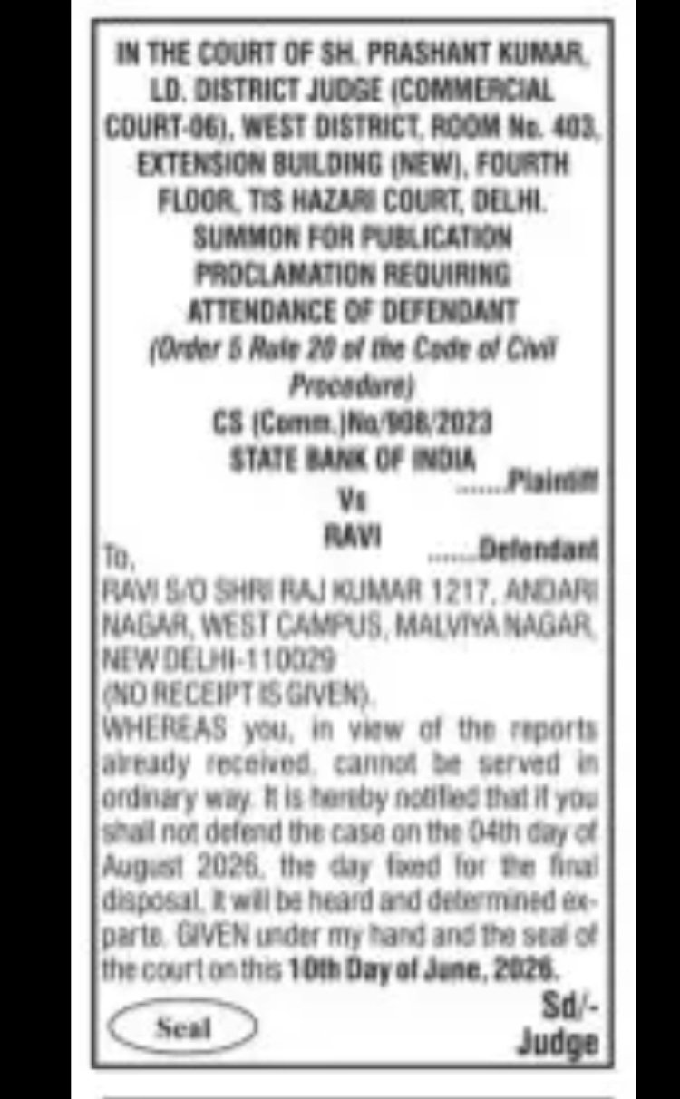 Court Summons Publication – State Bank of India vs Ravi