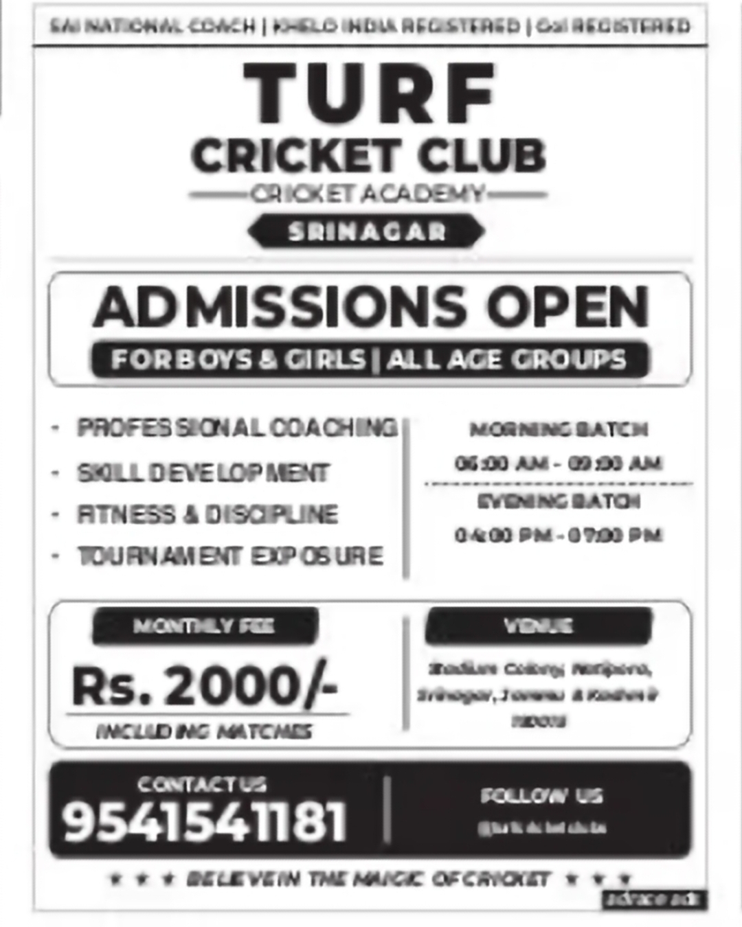 Cricket Club Admissions Open in Srinagar