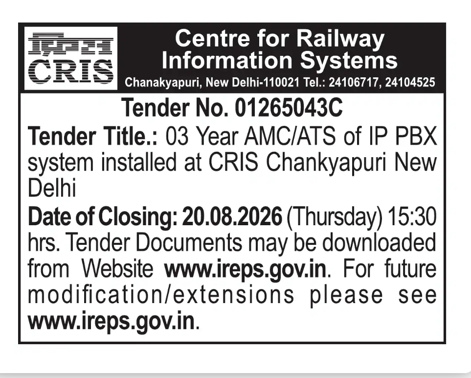 CRIS Tender Notice – 03 Year AMC/ATS of IP PBX System at New Delhi