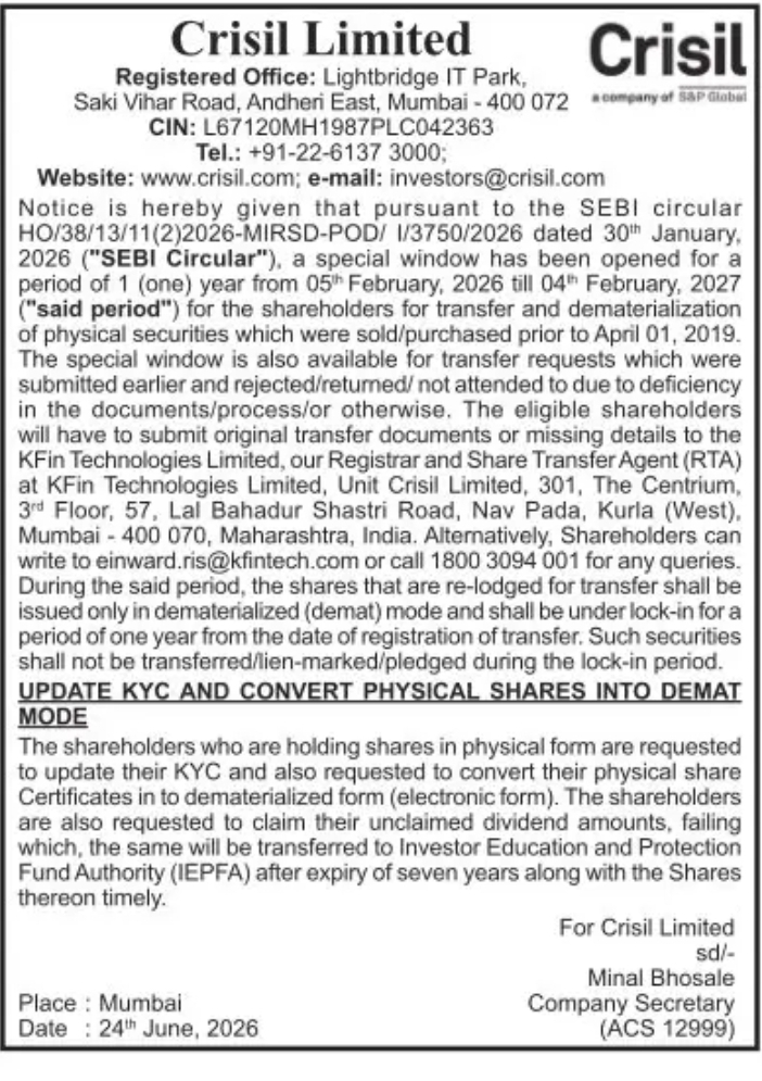 Crisil Limited Special Window for Share Transfer and Dematerialisation of Physical Securities Notice
