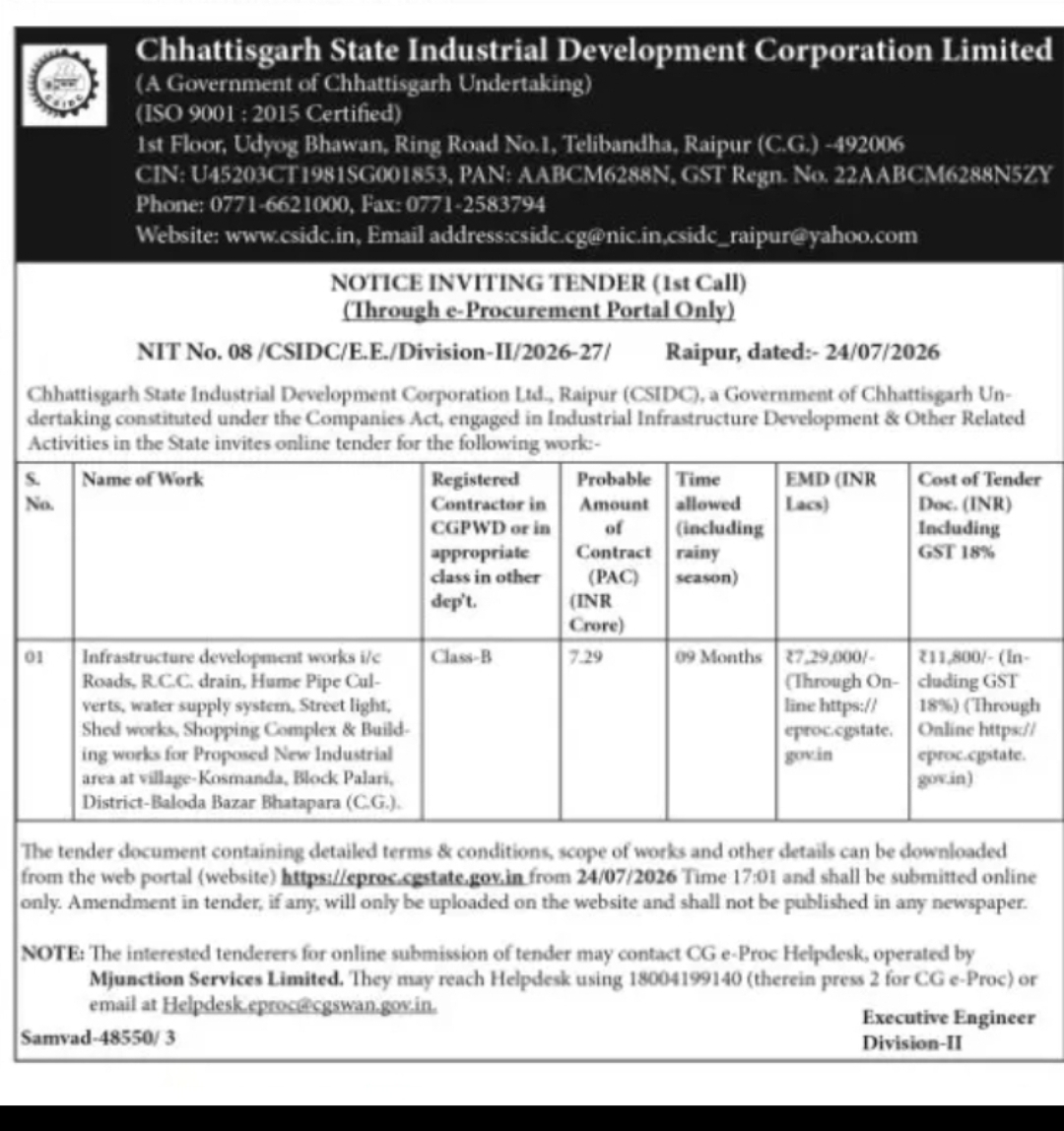 CSIDC Invites Tender for Industrial Infrastructure Development in Baloda Bazar