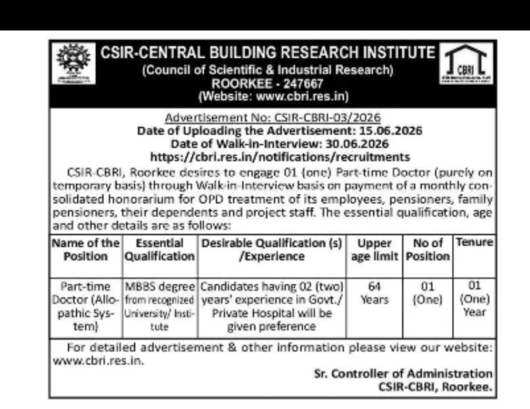 CSIR-CBRI Recruitment 2026 | Part-Time Doctor Vacancy | Roorkee, Uttarakhand