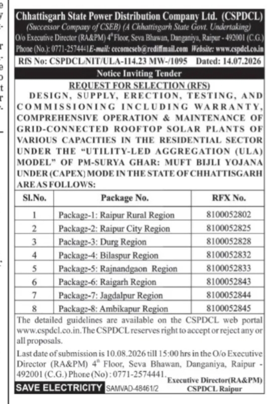 CSPDCL Invites Bids for PM Surya Ghar Rooftop Solar Projects