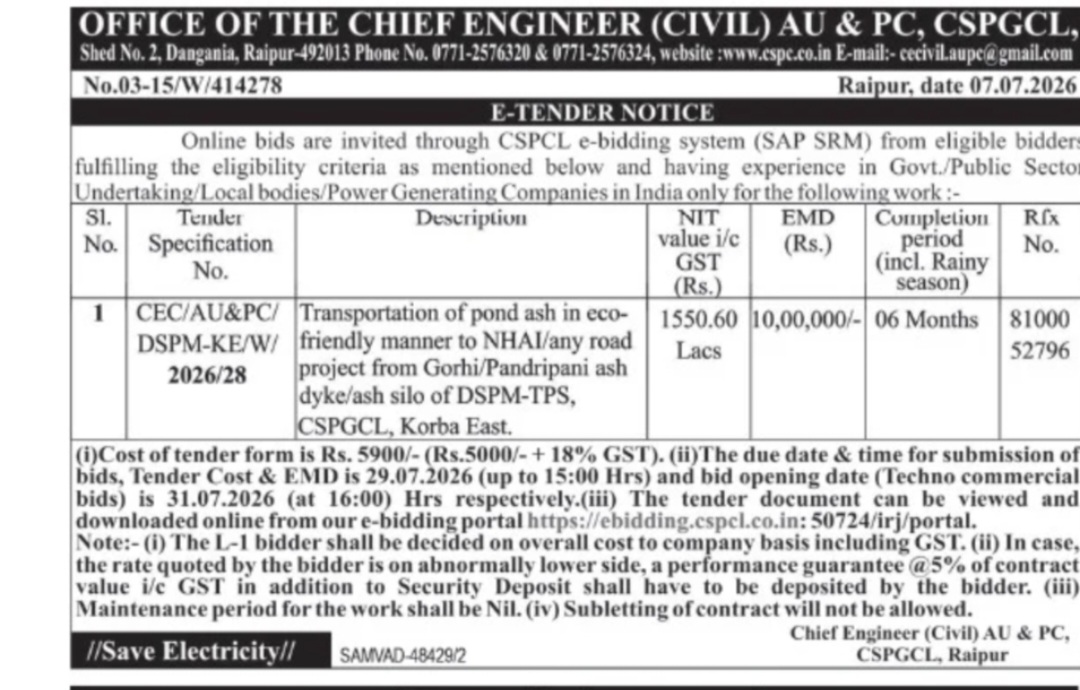CSPGCL Invites E-Tender for Transportation of Pond Ash from DSPM TPS Korba East