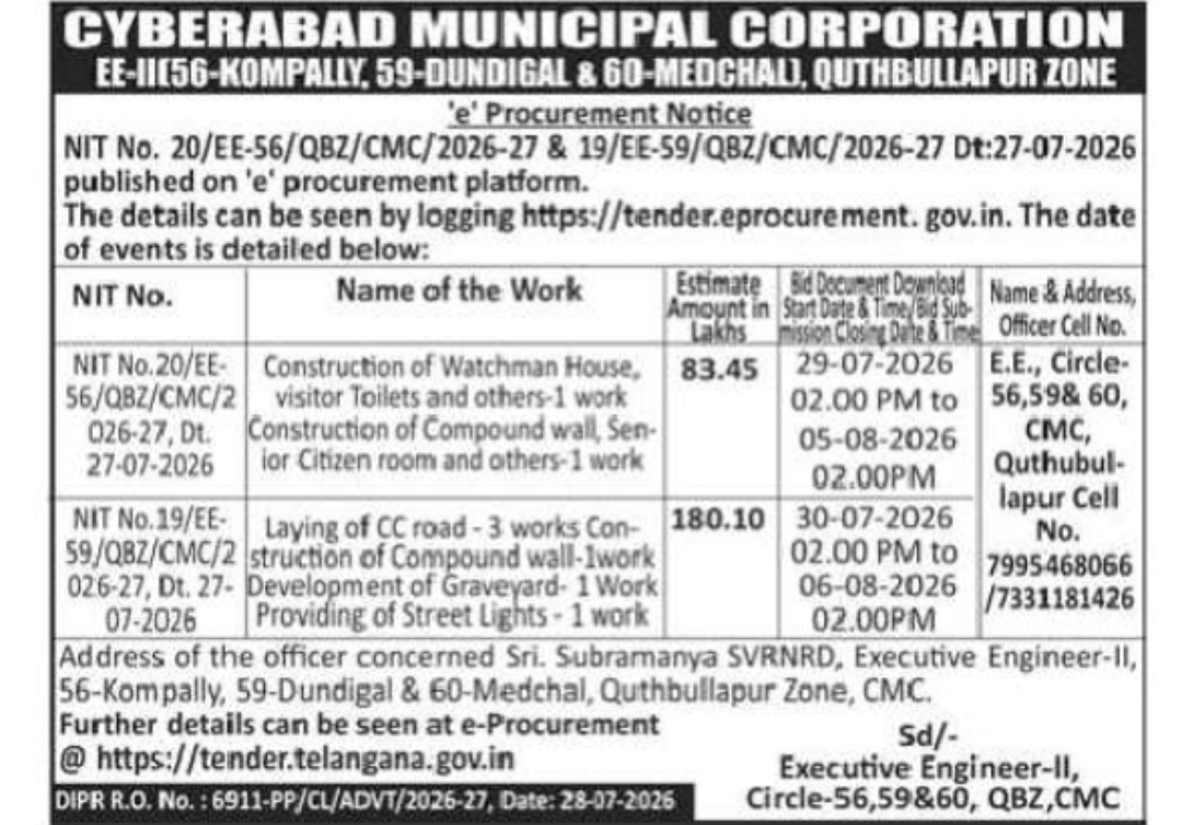 Cyberabad Municipal Corporation e-Procurement Notice 2026-27