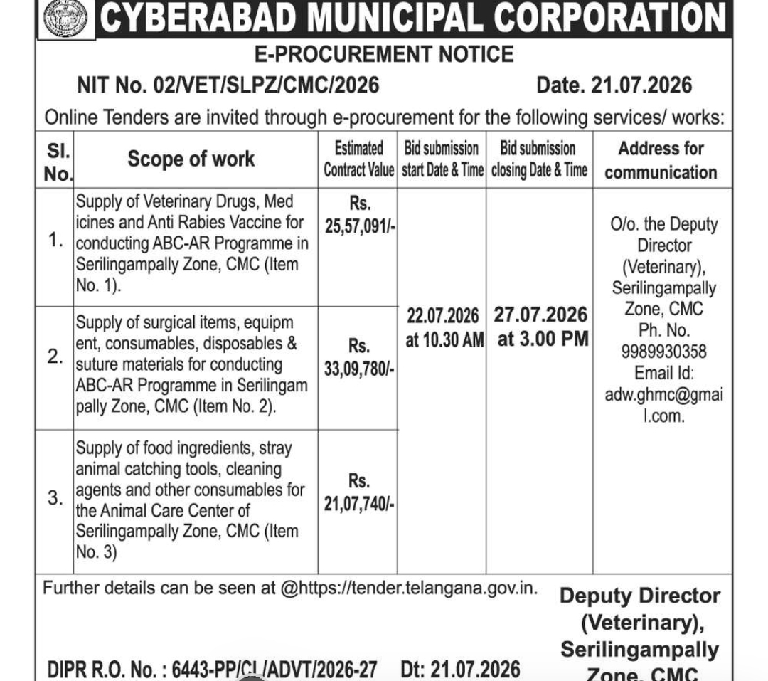Cyberabad Municipal Corporation E-Procurement Notice – Veterinary Supplies Tender 2026