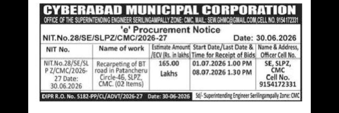 Cyberabad Municipal Corporation – E-Procurement Tender Notice
