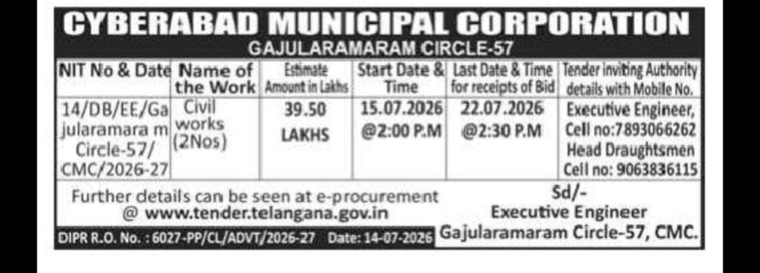 Cyberabad Municipal Corporation – Gajularamaram Circle-57 Civil Works Tender 2026