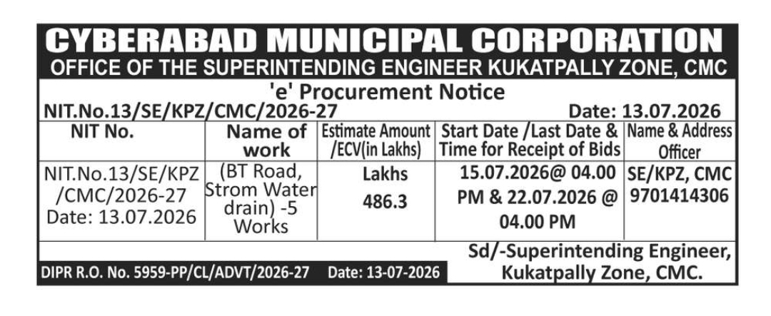 Cyberabad Municipal Corporation Invites e-Tender for BT Road & Storm Water Drain Works