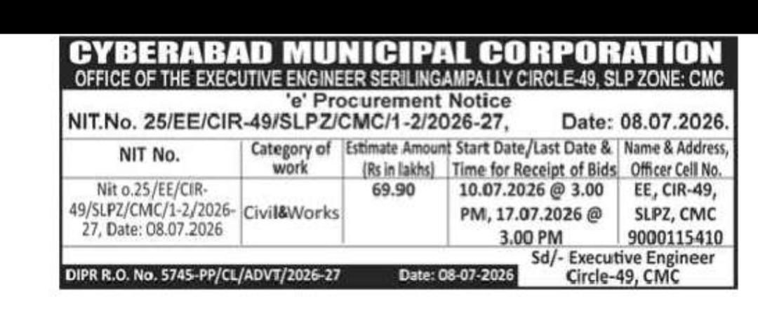 Cyberabad Municipal Corporation Invites e-Tenders for Civil Works