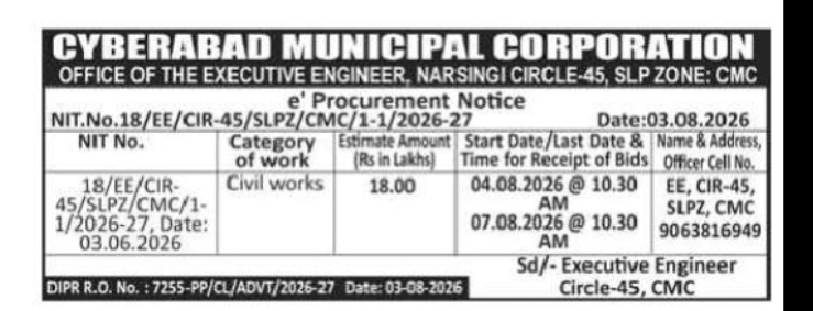Cyberabad Municipal Corporation Invites e-Tenders for Civil Works