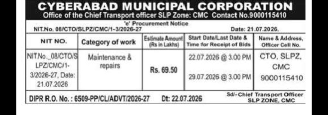 Cyberabad Municipal Corporation Invites e-Tenders for Maintenance and Repair Works