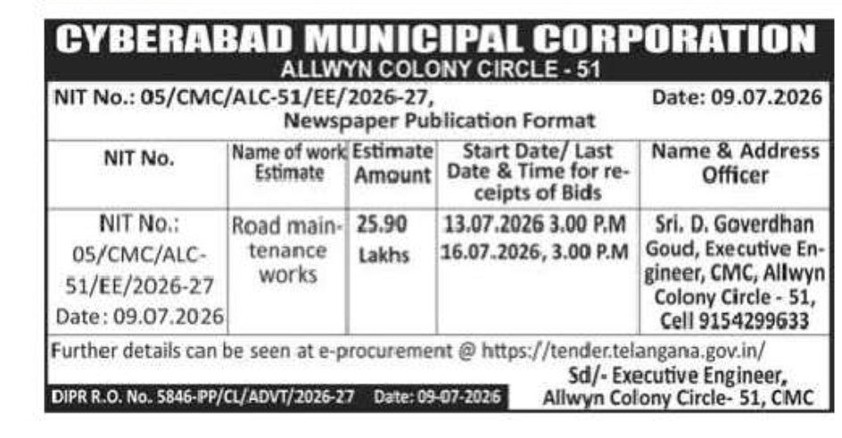 Cyberabad Municipal Corporation Invites E-Tenders for Road Maintenance Works – Allwyn Colony Circle-51