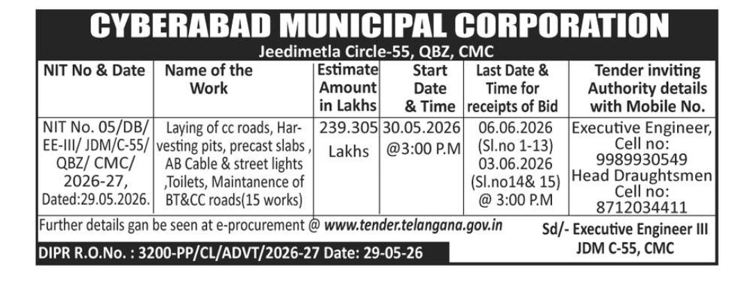 Cyberabad Municipal Corporation Invites Tenders for Road