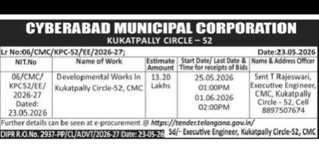 Cyberabad Municipal Corporation – Kukatpally Circle-52 Tender Notice