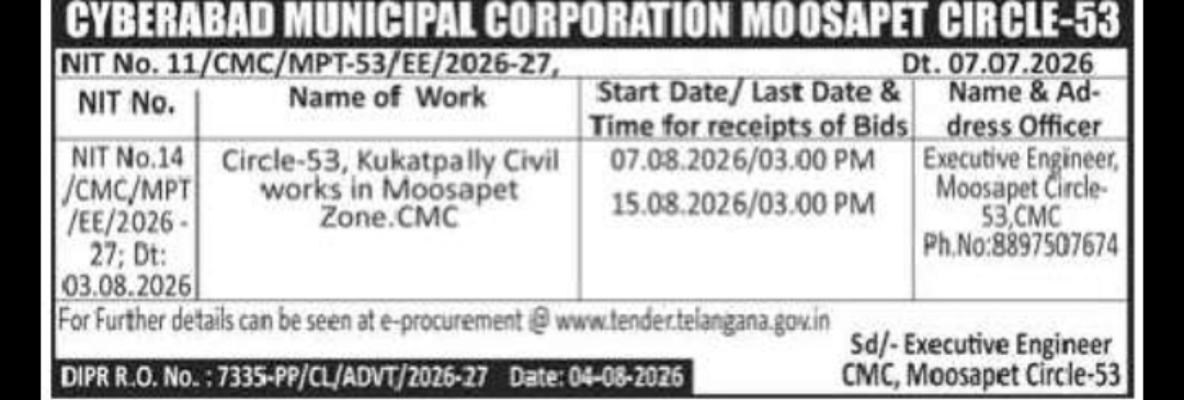 Cyberabad Municipal Corporation Moosapet Circle-53 – Civil Works Tender