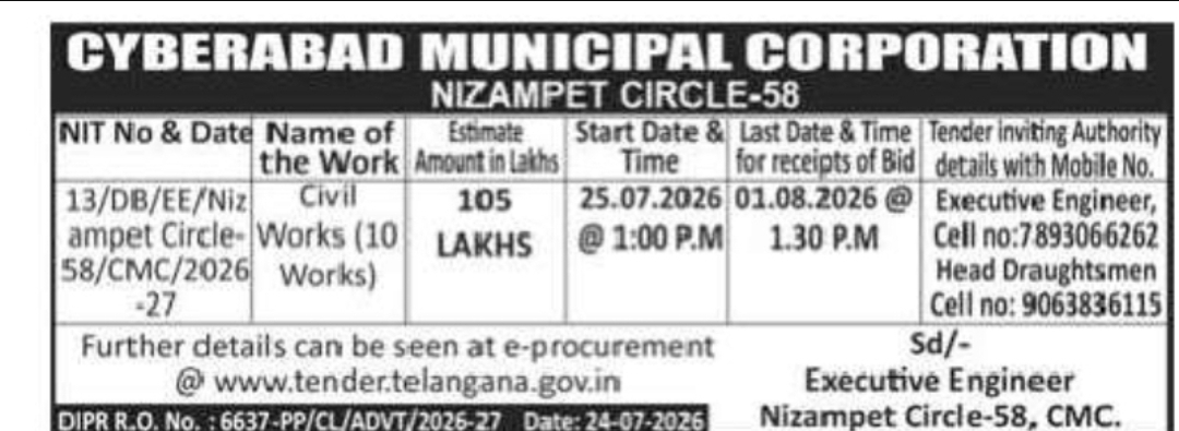 Cyberabad Municipal Corporation Nizampet Circle-58 Tender Notice
