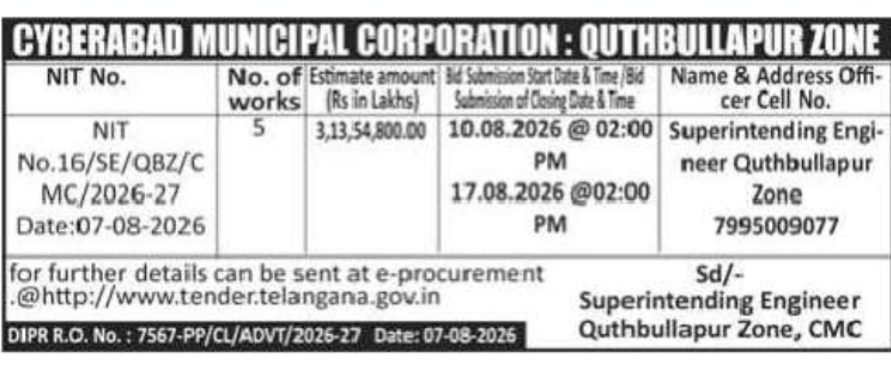 Cyberabad Municipal Corporation – Quthbullapur Zone Tender