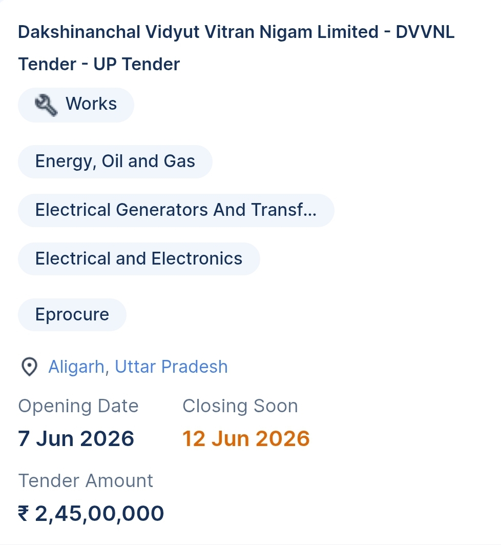 Dakshinanchal Vidyut Vitran Nigam Limited - DVVNL Tender - UP Tender