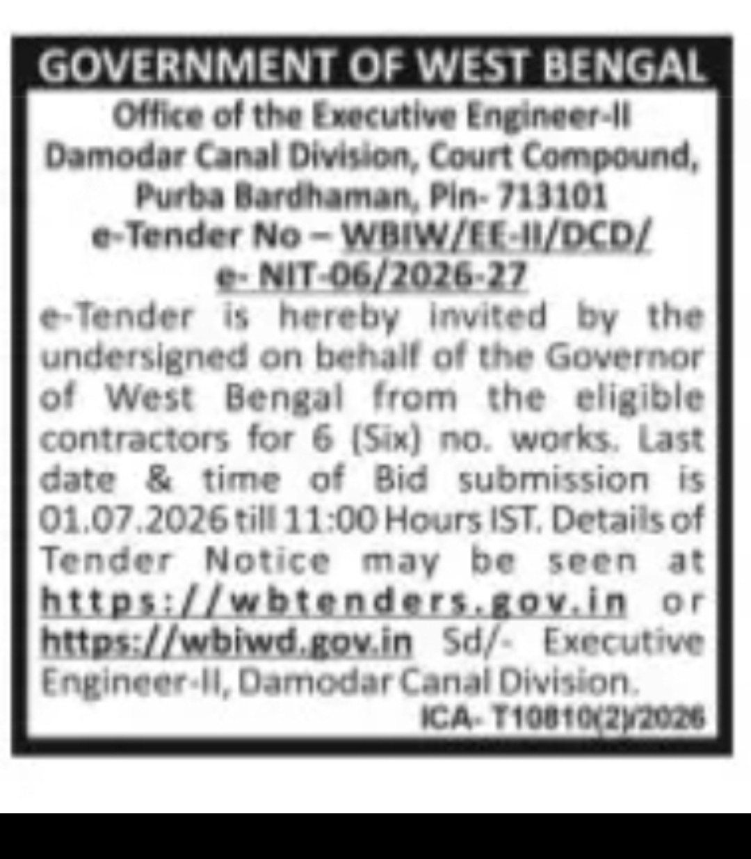 Damodar Canal Division e-Tender Notice