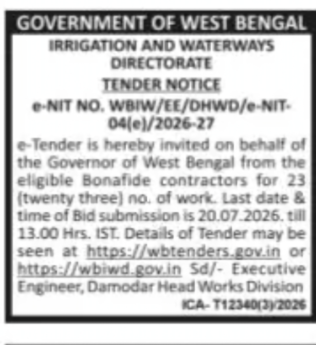 Damodar Head Works Division Invites Tenders for 23 Works