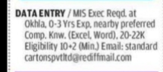 DATA ENTRY / MIS EXECUTIVE – OKHLA