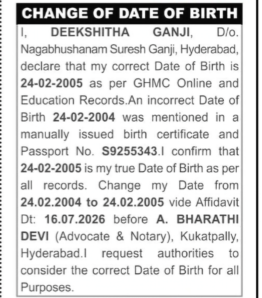 Date of Birth Correction Notice – Deekshitha Ganji