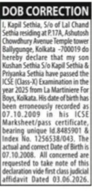 Date of Birth Correction Notice – Kushan Sethia
