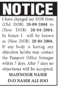 Date of Birth Correction Notice – Mahnoor Nasir