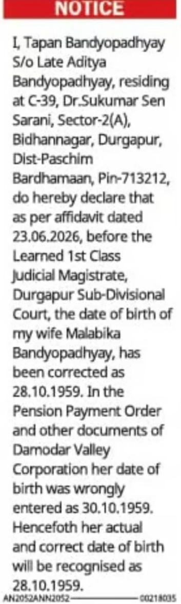 Date of Birth Correction Notice