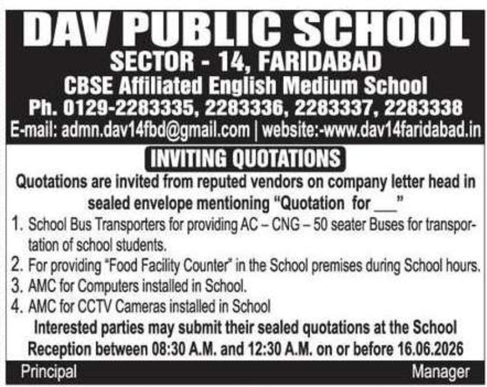 DAV Public School Faridabad Invites Quotations for Transport, Food Counter & AMC Services