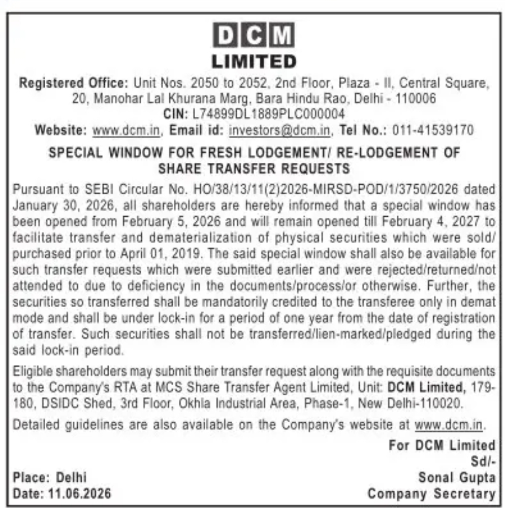 DCM Limited Opens Special Window for Share Transfer and Re-lodgement Requests (2026–2027)