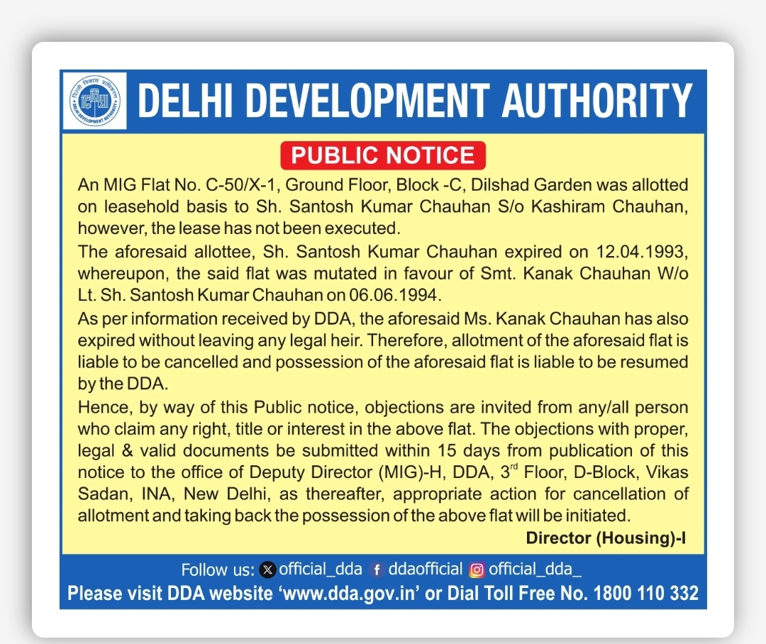 DDA Invites Claims/Objections for MIG Flat at Dilshad Garden