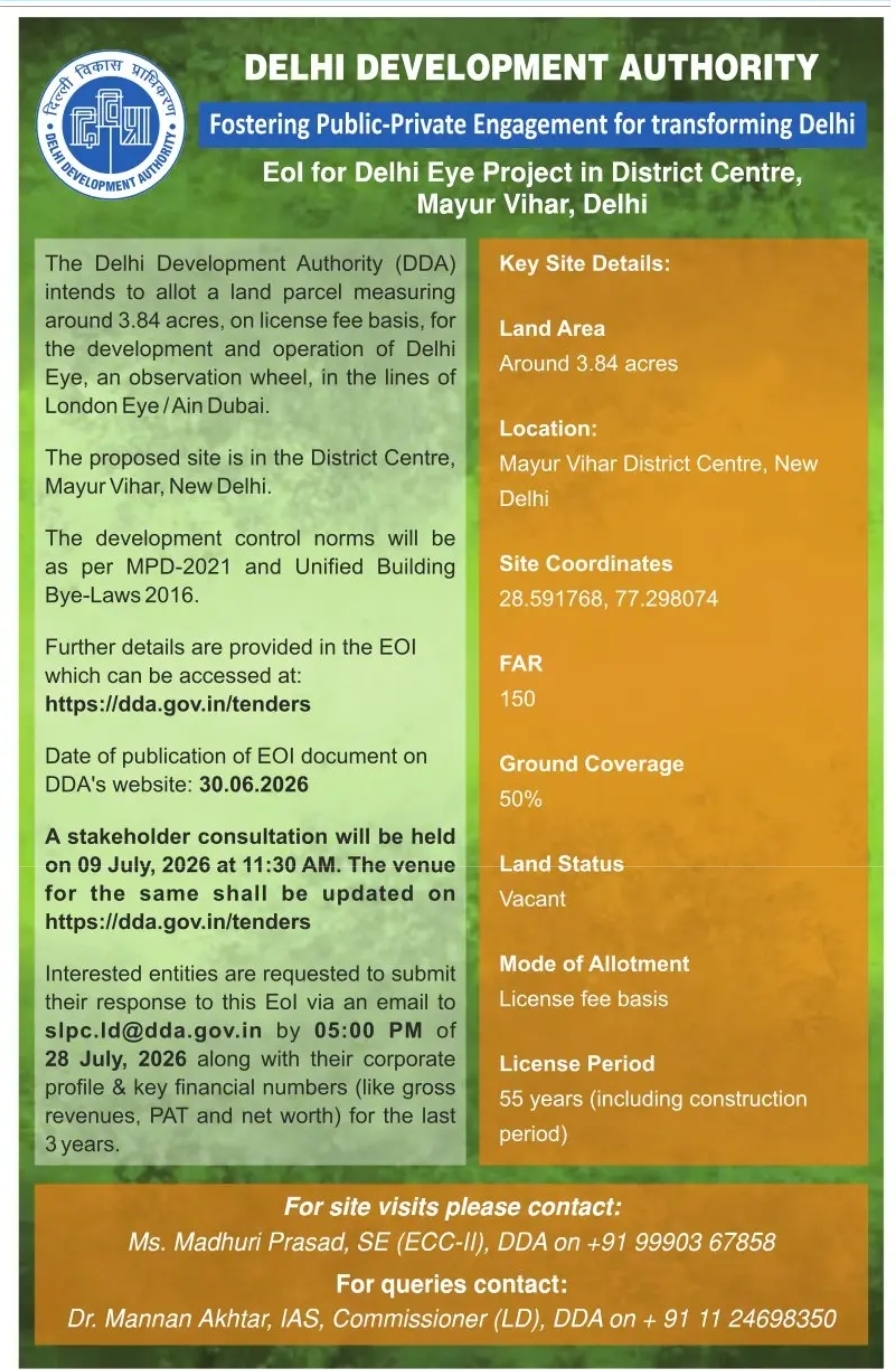 DDA Invites EOI for Delhi Eye Project at Mayur Vihar, New Delhi