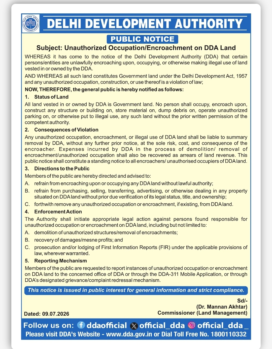 DDA Public Notice Regarding Unauthorized Occupation and Encroachment on DDA Land