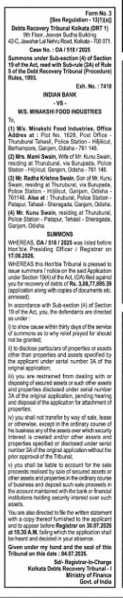 Debt Recovery Tribunal Kolkata Summons – Indian Bank vs Minakshi Food Industries