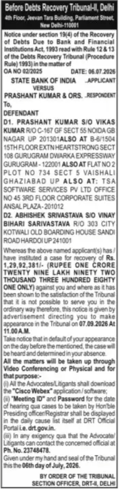 Debt Recovery Tribunal Notice – SBI vs Prashant Kumar & Ors.