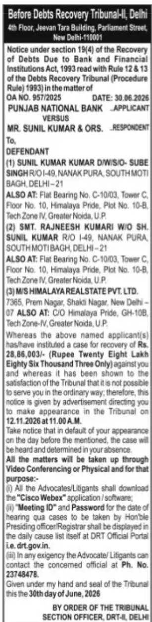 DEBTS RECOVERY TRIBUNAL-II DELHI NOTICE – PUNJAB NATIONAL BANK VS. SUNIL KUMAR & ORS.