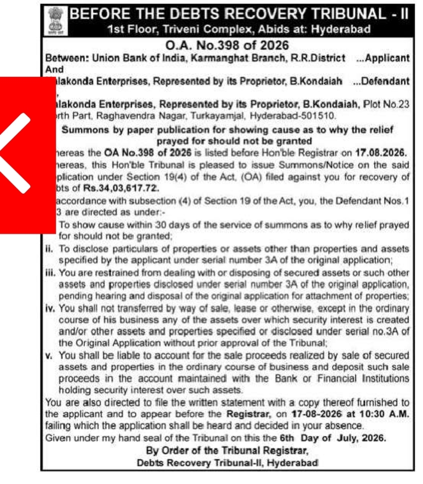 Debts Recovery Tribunal-II Hyderabad – Summons Notice (O.A. No. 398 of 2026)