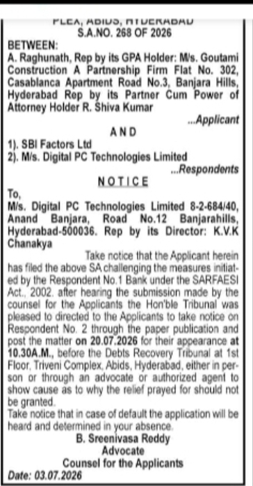 Debts Recovery Tribunal Public Notice – S.A. No. 268 of 2026