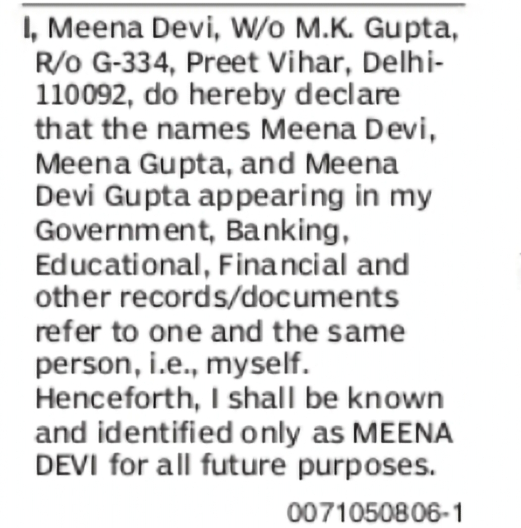 Declaration of Correct Name as Meena Devi