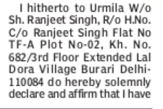 Declaration of Name Change   Urmila