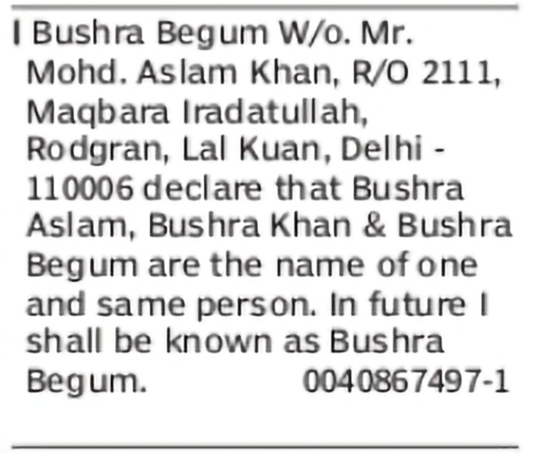 Declaration of Name Variations – Bushra Begum