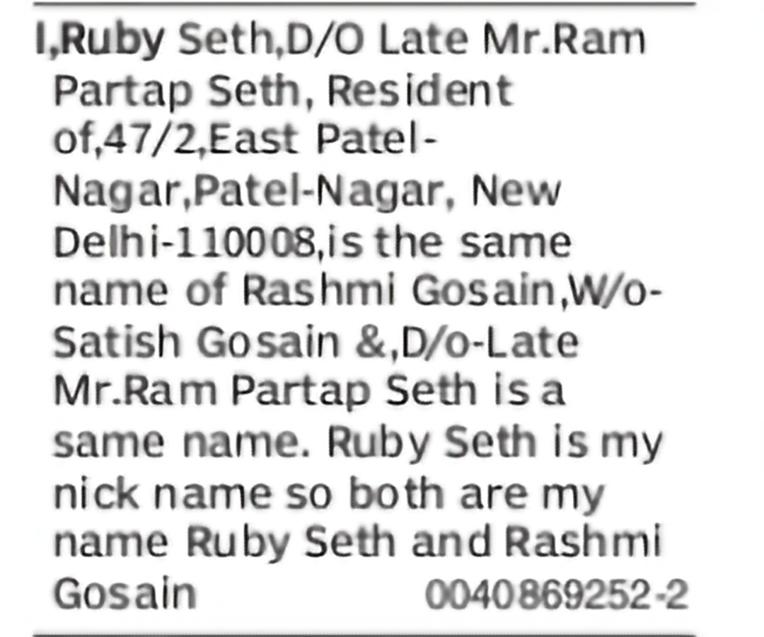 Declaration of Same Person – Ruby Seth & Rashmi Gosain