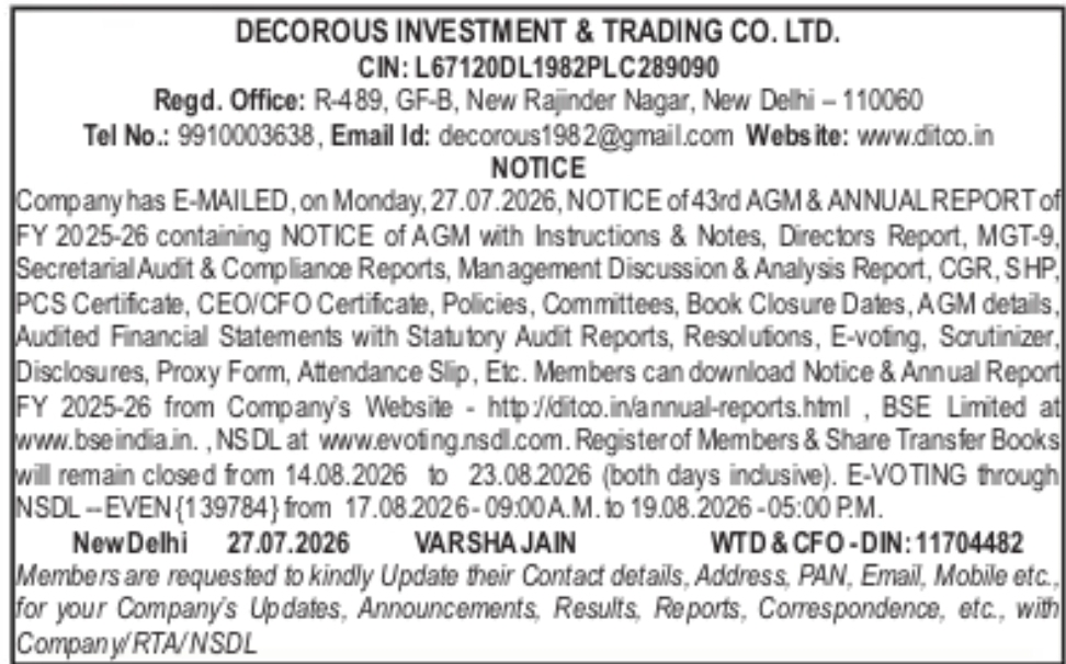 Decorous Investment & Trading Co. Ltd. Announces 43rd AGM Notice & Annual Report FY 2025-26