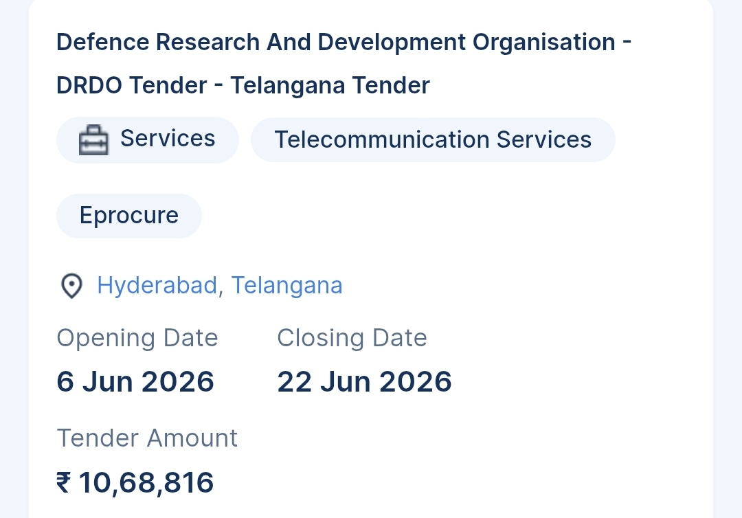 Defence Research And Development Organisation - DRDO Tender - Telangana Tender